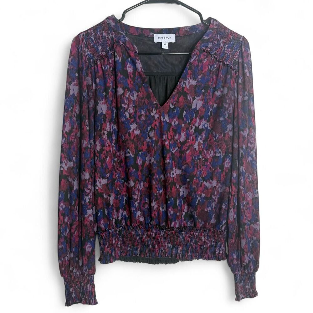 Evereve Purple floral mesh blouse with elastic waist | Size: XS | Fairy Preppy
